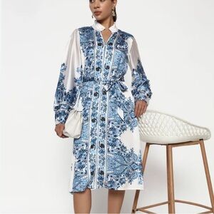 Alix Of Bohemia Elegant Blue Patterned Long Sleeve Dress